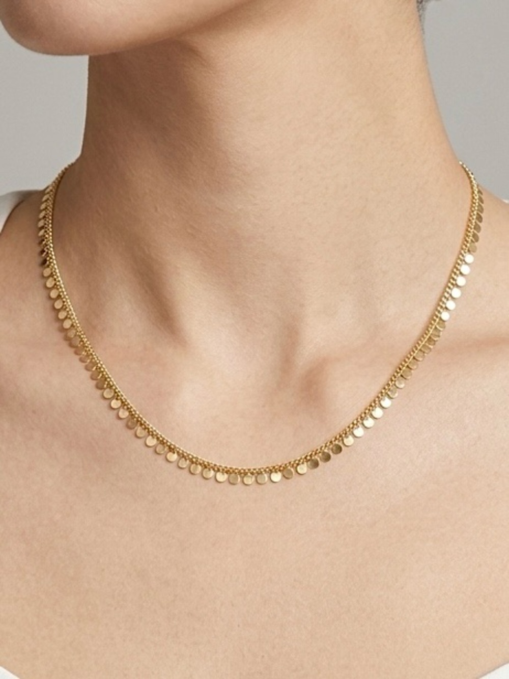 14K Yellow Gold Plated Shaker Round Disc Sequin Curb Chain Necklace | Dainty